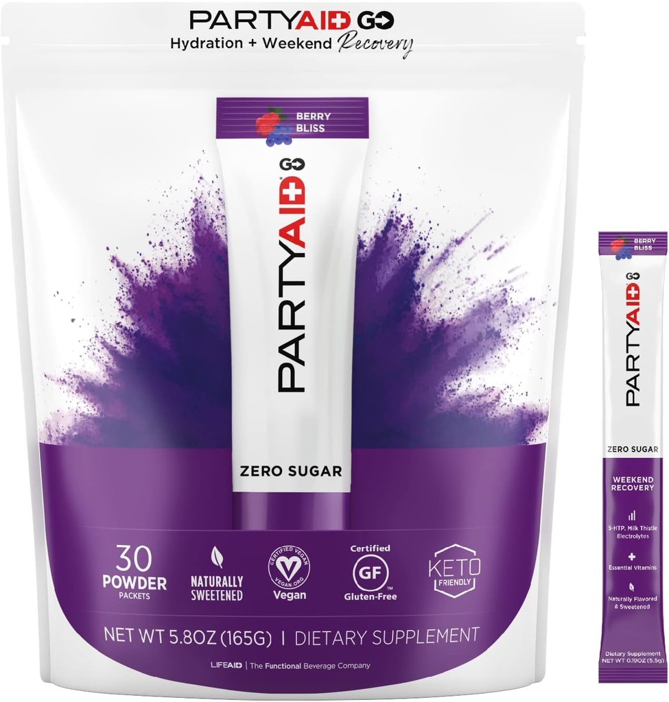 PARTYAID GO Αισθανθείτε καλά απόψε και αύριο, Zero Ζάχαρη, 5-HTP, B-Complex, Γαϊδουράγκαθο γάλακτος, Ηλεκτρολύτες, Δεν Τεχνητές Γεύσεις ή γλυκαντικά, Caffeine-ελεύθερο, 30 Count (Pack of 1)