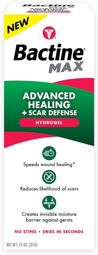 Bactine MAX Advanced Healing Hydrogel with Scar Defense - Ταχύτερη θεραπεία & προστασία μόλυνσης πρώτων βοηθειών με φυσικά συστατικά - Scar Prevention Gel - 0.75oz