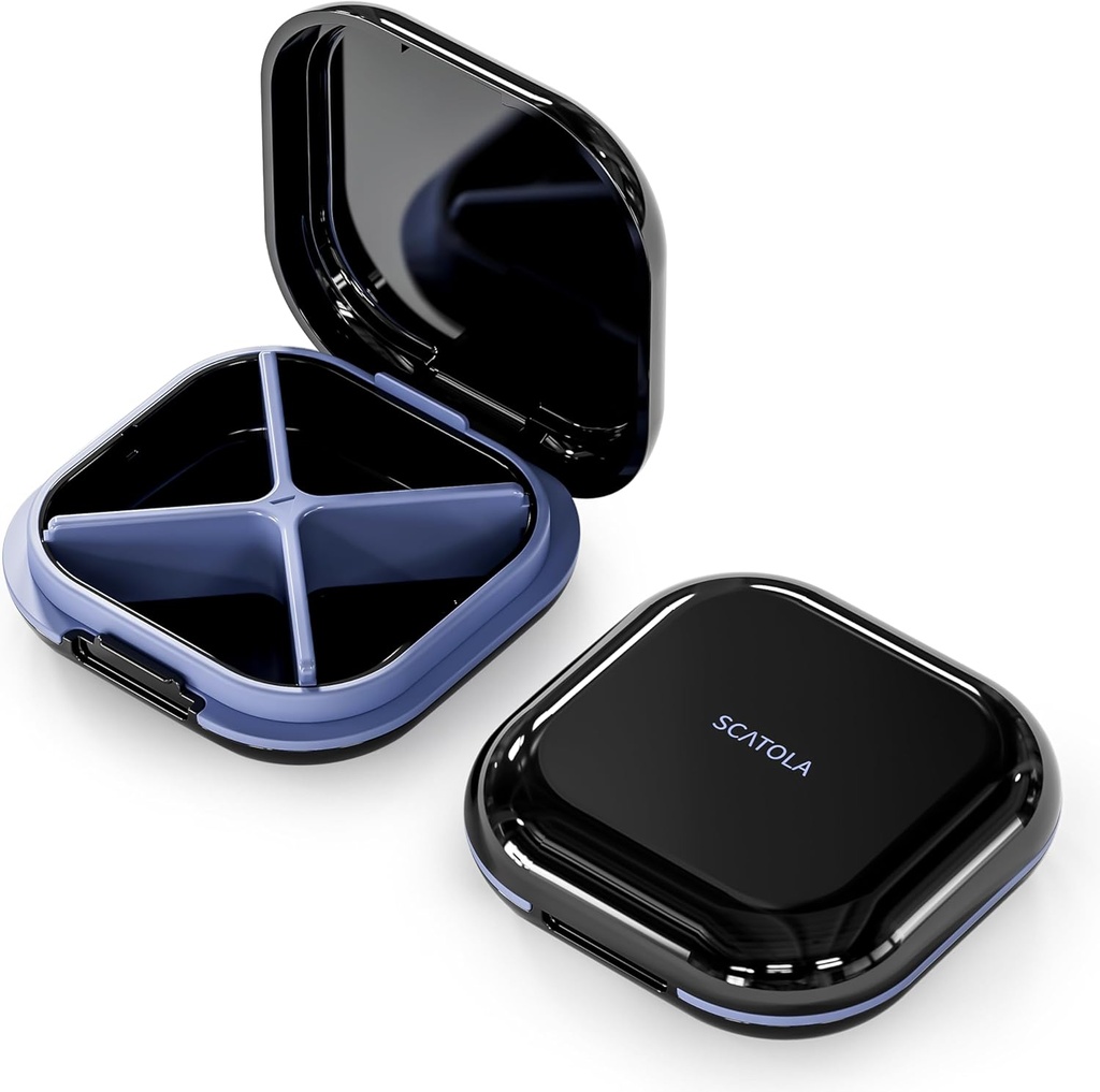 Μικρή θήκη χαπιών, κουτί ταξιδιών, φορητός οργανωτής χαπιών, εμπορευματοκιβώτιο για Pocket 4 διαμερίσματα, Daily Compact Travel Medicine Holder for Vitamins Medication (Black)