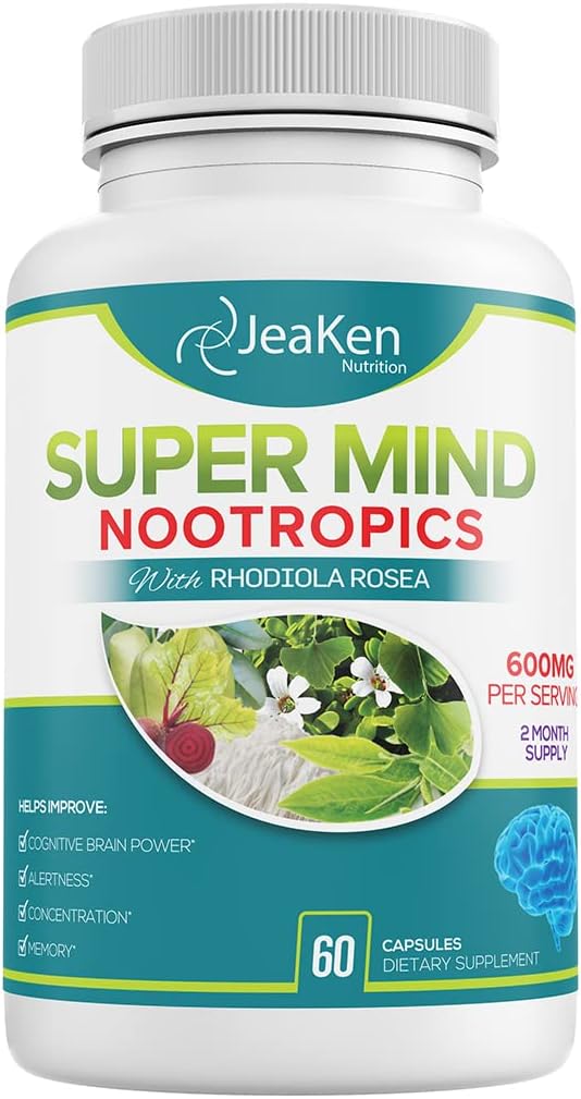 Super Mind - Nootropics Γνωστικό ενισχυτή - Συμπλήρωμα ενίσχυσης εγκεφάλου με φυσικά συστατικά - Bacopa Monnieri - Rhodiola Rosea - Ginkgo Biloba - Βιταμίνη B12-60 Κάψουλες Vegan Made in USA