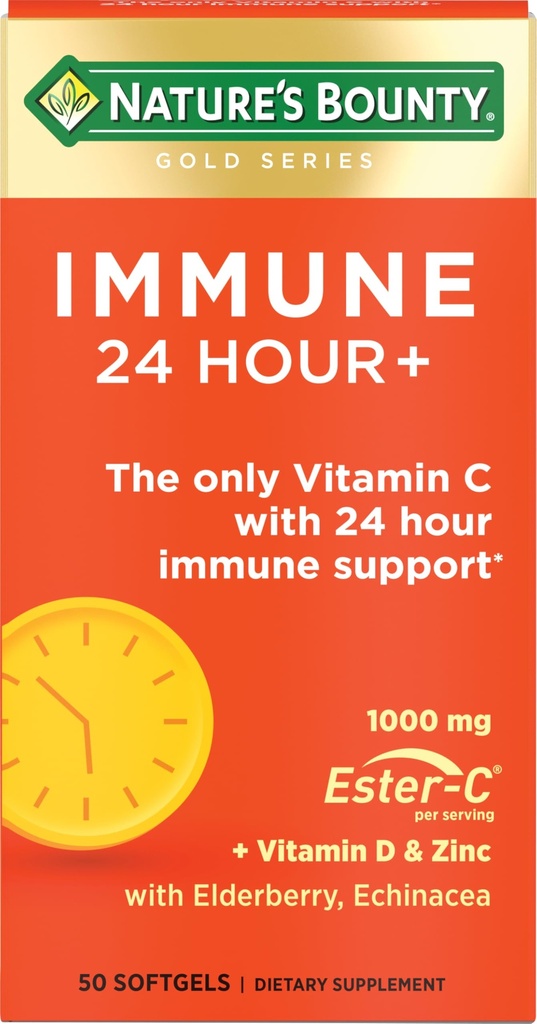 Nature's Bounty Immune 24 ώρες +, Η μόνη βιταμίνη C με 24 ώρες ανοσοποιητική υποστήριξη από Ester-C, 1000 mg βιταμίνη C, D & ψευδάργυρο, χωρίς γλουτένη, ταχεία απελευθέρωση Softgels, 2 Softgels ανά ημέρα, 50 Count