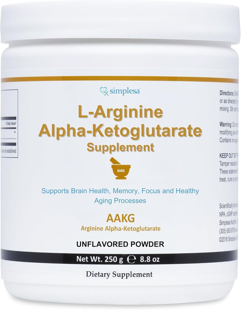 Simplesa AAKG Arginine Powder, L-αργινίνη Alpha-Ketoglutarate Supplement, 2000mg ανά υπηρεσία, υποστηρίζει την υγεία του εγκεφάλου, τη μνήμη, την εστίαση και υγιεινές διαδικασίες γήρανσης, 250g συμπλήρωμα σκόνης