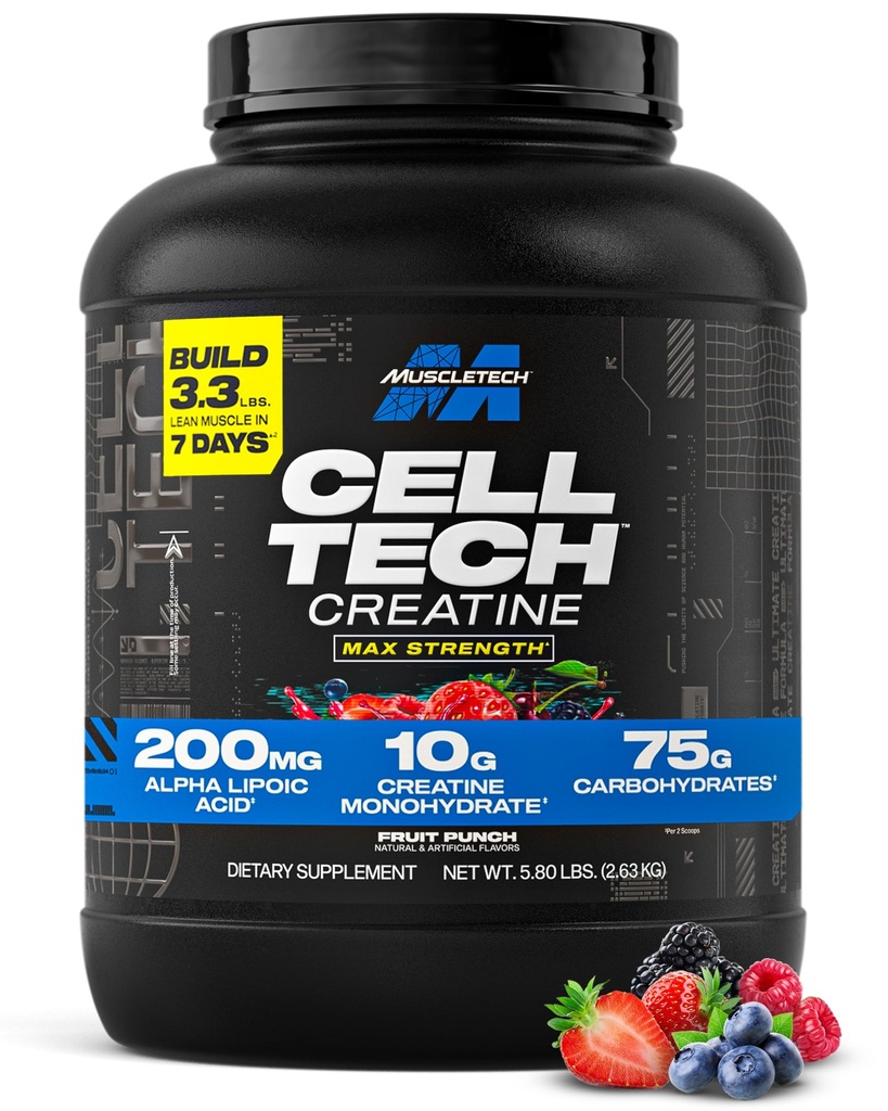 MuscleTech Creatine Monohydrate Powder - Cell-Tech Creatine Powder Post Workout Recovery Drink, Muscle Builder & Musclebuilding Creatine Supplement - Fruit Punch, 6 lbs (56 Serv) - Συσκευασία May Vary