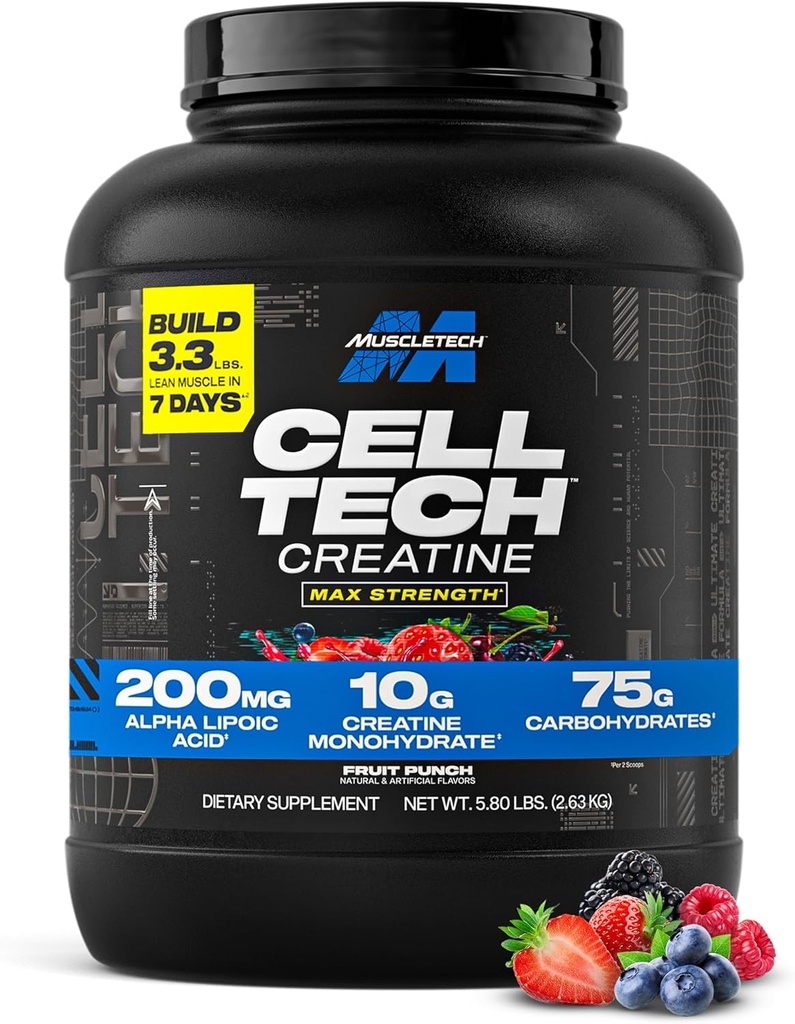 MuscleTech Creatine Monohydrate Powder - Cell-Tech Creatine Powder Post Workout Recovery Drink, Muscle Builder & Musclebuilding Creatine Supplement - Fruit Punch, 6 lbs (56 Serv) - Συσκευασία May Vary