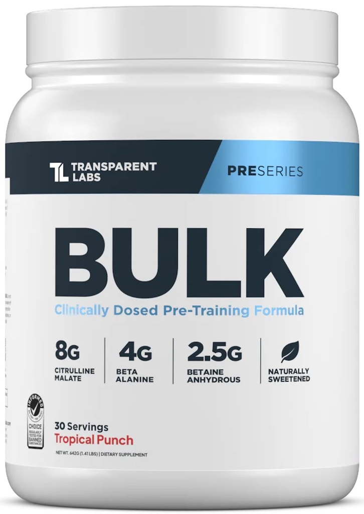 Transparent Labs Bulk Pre Workout Powder - Naturally Sweetened Preworkout for Men & Women, Pre Work Out for Muscle Building & Strength w/Beta Alanine & BetaPure - 30 Servings, Tropical Punch