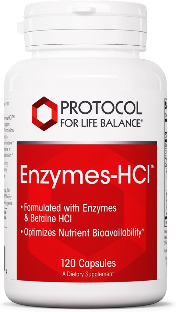 PROTOCOL FOR LIFE BALANCE Enzymes-HCl - Digestive Enzymes with Bromelain - Full Spectrum of Proteases - Digestion Supplement - Soy & Dairy Free - 120 Capsules