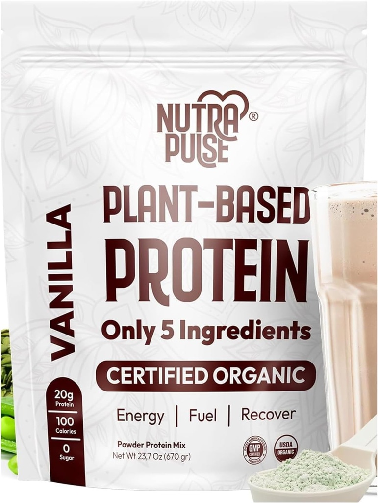 Βιολογική Vegan Protein Powder – Βανίλια Γεύση, Φυτική βάση, Χωρίς γλουτένη, Μη ΓΤΟ, 20g Πρωτεΐνη ανά υπηρεσία, Ιδανική για smoothies, Shakes, Ψήσιμο, Μαγειρική (1 Pack, 20 Services)