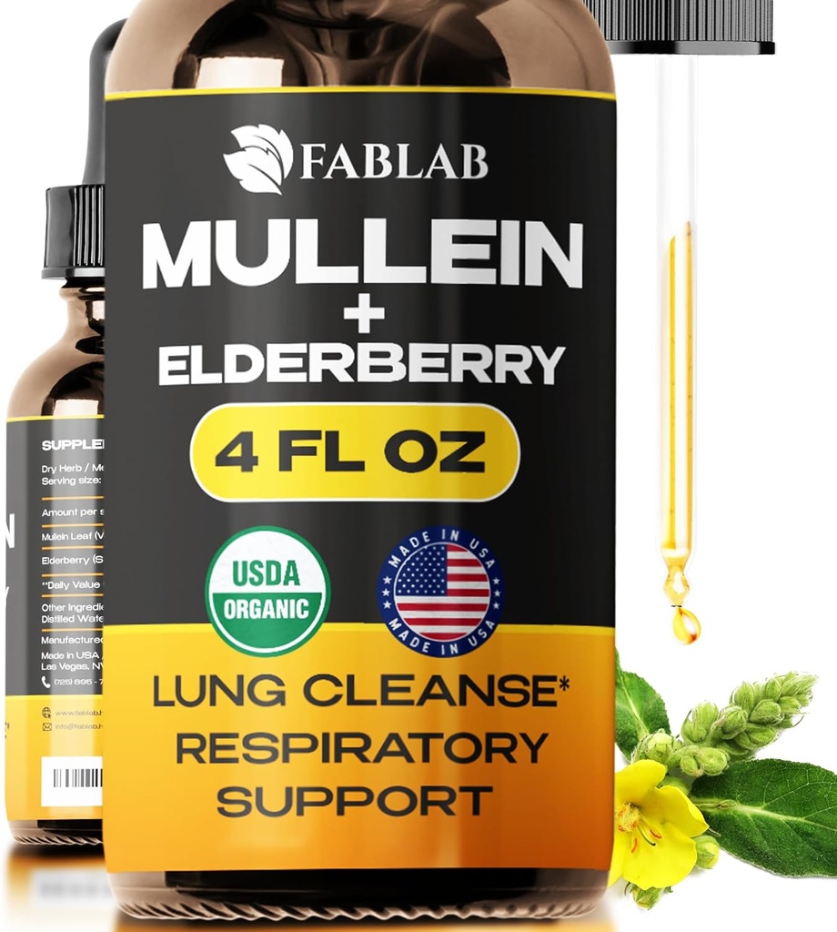 FabLab Mullein Leaf Extract with Elderberry 4 Fl Oz - Made in USA - Drops for Better Lung - Mullein Tincture for Lung Detox - Bronchial Cleanse for Smokers - Συμπληρώματα για το αναπνευστικό
