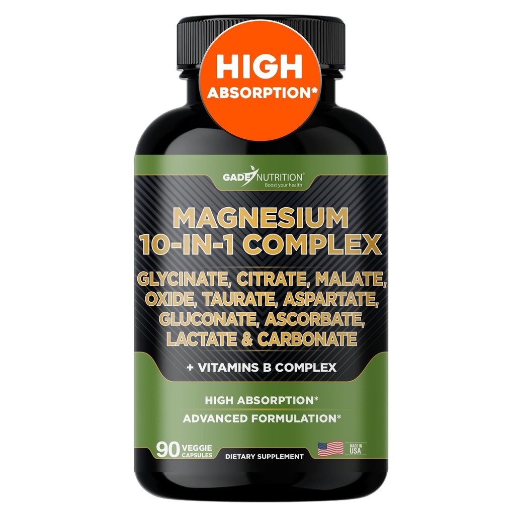 Gade Nutrition Magnesium Complex 10 in 1 - Γλυκινικό, Κιτρικό, Μηλεϊνό, Οξείδιο, Ταυρικό, Ασπαρτικό, Γλυκονικό Ασκορβικό γαλακτικό ανθρακικό ψευδάργυρο Χαλκός Μαγγάνιο & Βιταμίνες (90 Count (Pack of 1))