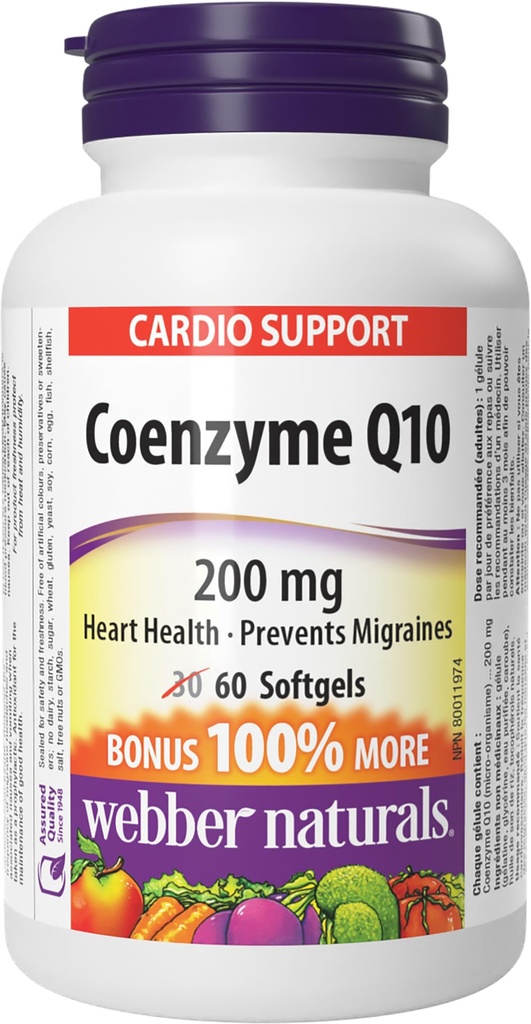 Webber Naturals Coenzyme Q10 - CoQ10 200mg, 60 Softgels, High Potency Antioxidant Supplement for Heart Health & Cellular Energy Production, 60 Day Supply, Gluten Free