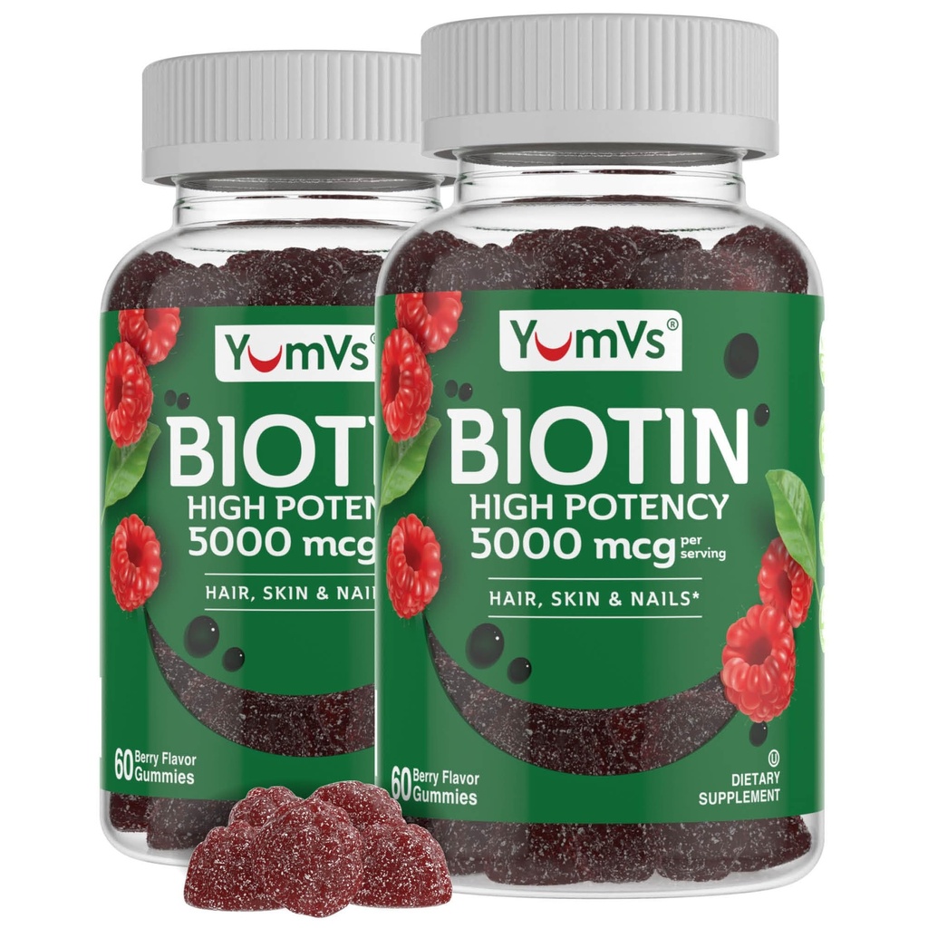 YUM-V'S YumVs Biotin Gummies 5000mcg - Luscious Raspberry Flavor - Thicker Faster Hair Growth Gummies for Women or Men - Hair, Skin & Nails Vitamins - Hair Gummies (60 Count (Pack of 2))