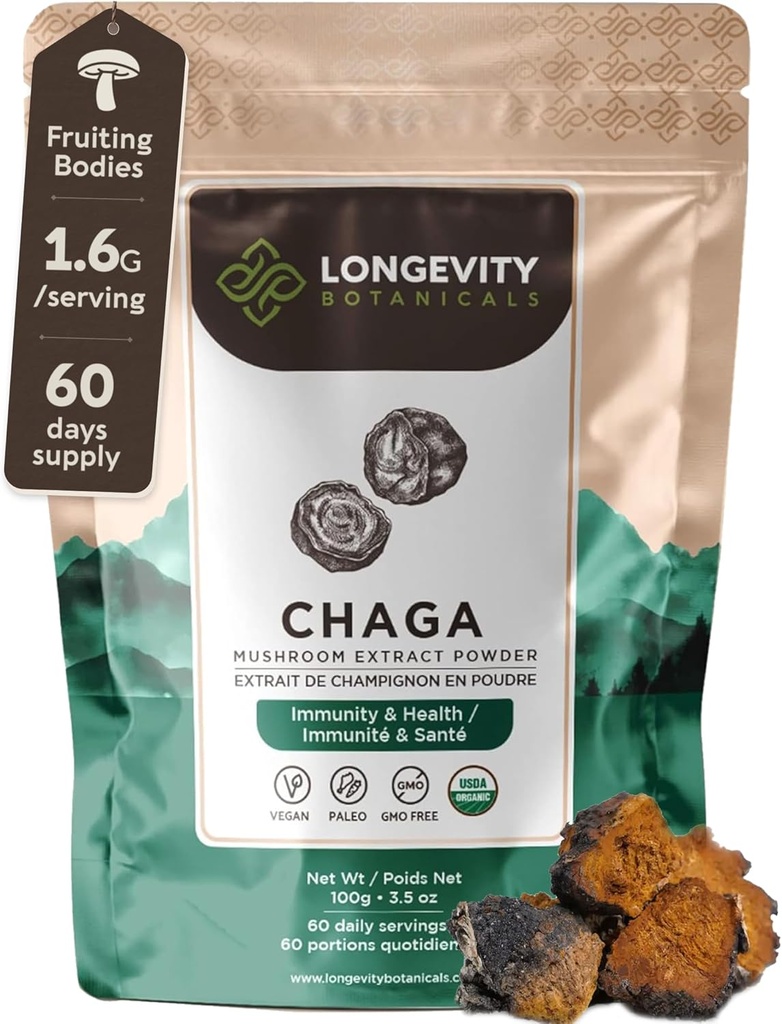 Longevity Botanicals Organic Chaga Mushroom Extract Powder 100g | Concentrated 10:1 Ratio | 100% Fruiting Bodies | Inonotus Obliquus Natural Supplement for Immune Function, Antioxidants & Vitality