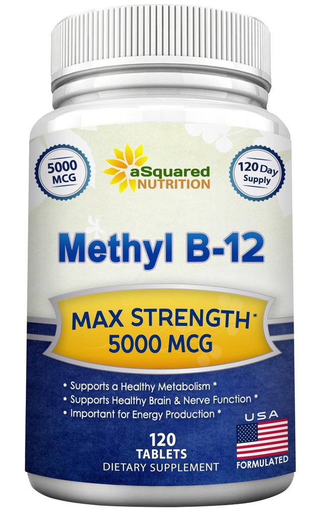 aSquared Διατροφή Βιταμίνη B12-5000 MCG Συμπλήρωμα με Methylcobalamin (Methyl B-12) - Max Strength Vitamin B 12 Υποστήριξη για την ενίσχυση της φυσικής ενέργειας, Benefit Brain & Heart Function - 120 Tablets