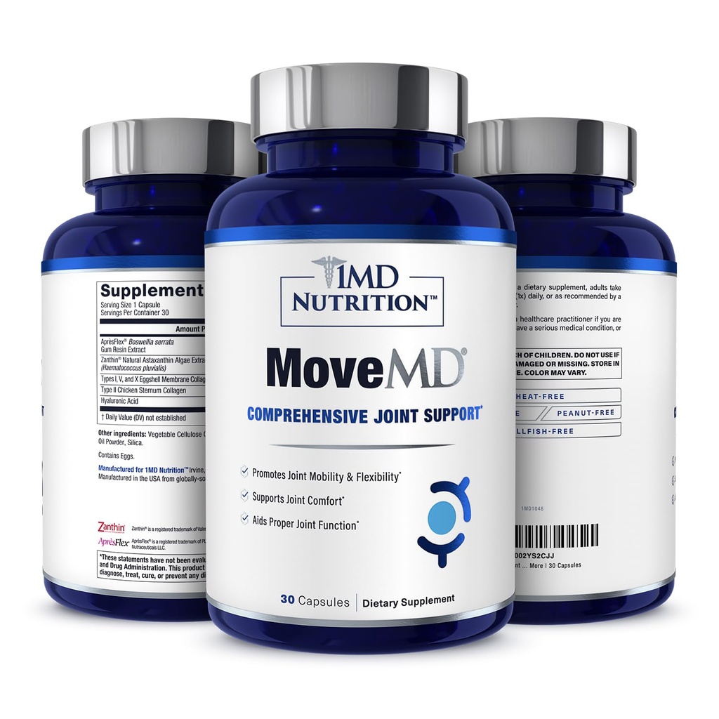 1MD Nutrition MoveMD - Συμπλήρωμα υγείας για την κοινή δυσφορία και υποστήριξη - Τα χάπια κολλαγόνου μας είναι κατάλληλα σχεδιασμένα για γυναίκες & άνδρες w/Hyaluronic Acid & Aspaxanthin