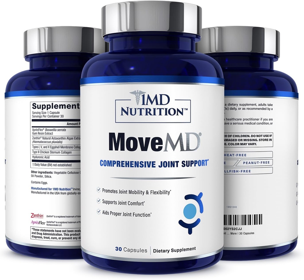 1MD Nutrition MoveMD - Συμπλήρωμα υγείας για την κοινή δυσφορία και υποστήριξη - Τα χάπια κολλαγόνου μας είναι κατάλληλα σχεδιασμένα για γυναίκες & άνδρες w/Hyaluronic Acid & Aspaxanthin
