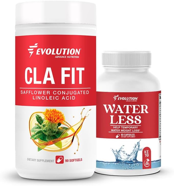 Evolution Advance Sport Διατροφή CLA Fit – Safflower Conjugated Linoleic Acid Supplement, Υποστήριξη Lean μυϊκή μάζα, Προώθηση της ενέργειας (90 Softgels) + Νερό λιγότερο – Μειώνει τη διατήρηση του νερού (60 κάψουλες)