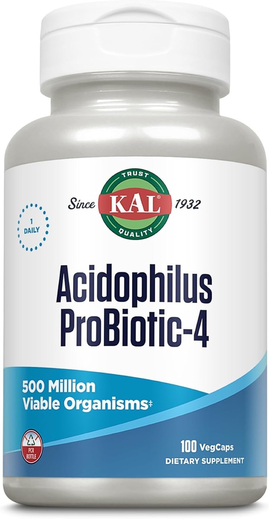 KAL Acidophilus ProBiotic-4, 500 εκατομμύρια CFUs, Τέσσερα προβιοτικά στελέχη, Προβιοτικά για γυναίκες και άνδρες, Παγωμένα Αποξηραμένα, L. acidophilus, L. bulgaricus, S. thermophilus, B. bifidum, 100 Servings, 100 VegCaps