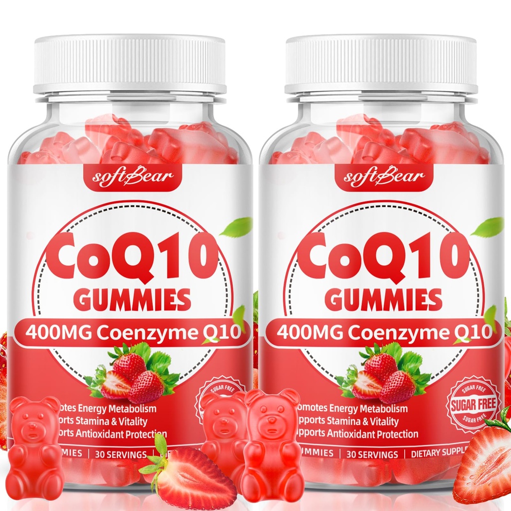 softbear CoQ10 Gummies 400mg Συμπληρώματα συνένζυμου Q10 για Ενήλικες, Υψηλής Απορρόφησης Coq10 Plus Omega-3, Μαγνήσιο, Βιταμίνη B3 & Ψευδάργυρος για Κυτταρική Ενέργεια & Αντιοξειδωτικό, Φράουλα Γεύση 120 Count