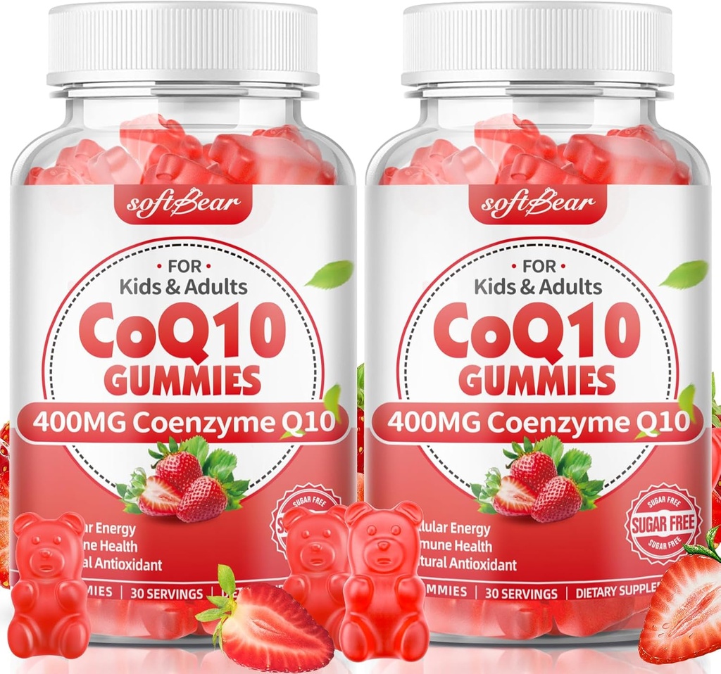 softbear CoQ10 Gummies 400mg Συμπληρώματα συνένζυμου Q10 για Ενήλικες, Υψηλής Απορρόφησης Coq10 Plus Omega-3, Μαγνήσιο, Βιταμίνη B3 & Ψευδάργυρος για Κυτταρική Ενέργεια & Αντιοξειδωτικό, Φράουλα Γεύση 120 Count