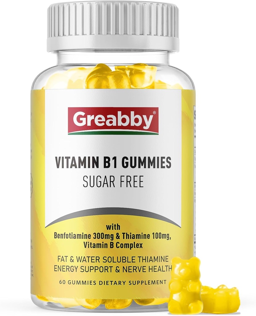 Vitamin B1 Gummies - Benfotiamine 300mg & Thiamine 100mg, Sugar Free, Vitamin B Complex Chewable Supplement, Energy Boost & Nervous System Health for Women Men, 60 Gummies