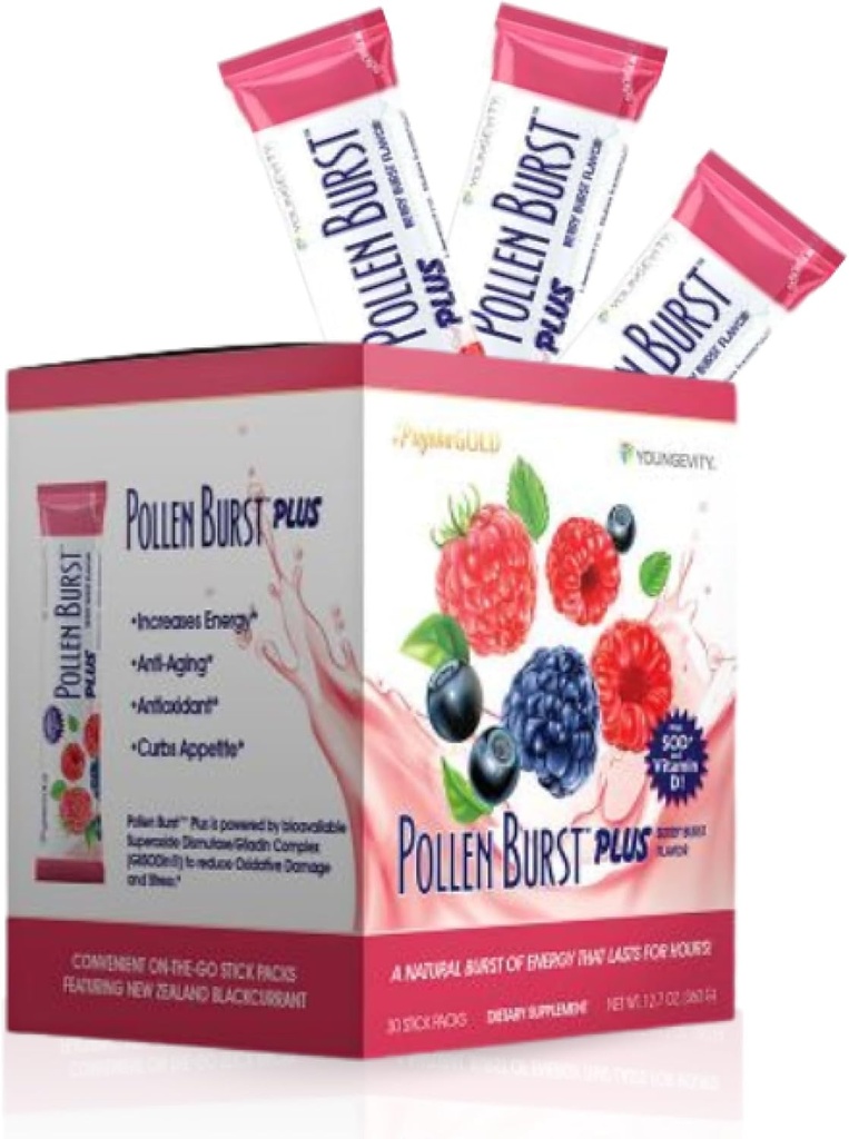 Youngevity Projoba Pollen Burst Plus Berry – Φυσική Ενέργεια Ποτό με Άνθος Γύρη, Βιταμίνες και Αντιοξειδωτικά – Υποστηρίζει Παρατεταμένη Ενέργεια και Συνολική Ευδοκία – 30 Πακέτα