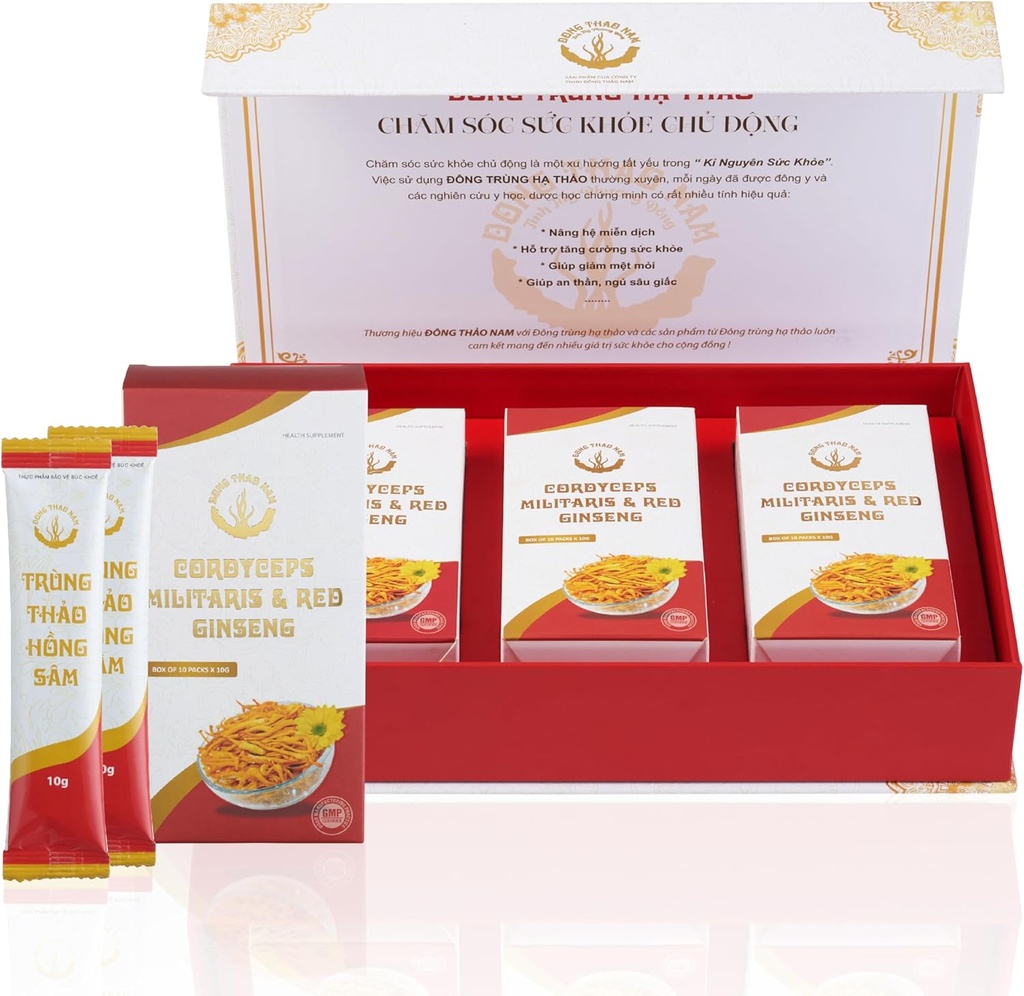 Dong Thao NAM - Βιολογικό κόκκινο Ginseng και Cordyceps σκόνη, 6 σε 1 εκχύλισμα βοτάνων, αυξάνει την εγρήγορση, αυξάνει την ενέργεια και μειώνει τη κόπωση, χωρίς καφεΐνη, πακέτο των 30