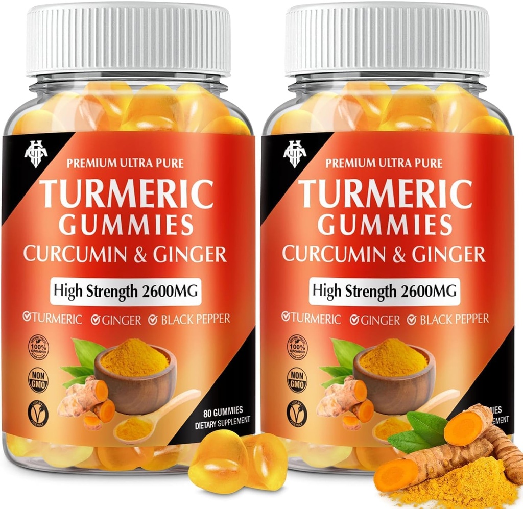 Turmeric Curcumin Gummies with Ginger & Black Pepper Vegan Pectin Formula for Immune Boost, Healthy Skin & Joint Support Chewable Supplement for Adults & Teens (2-Pack)