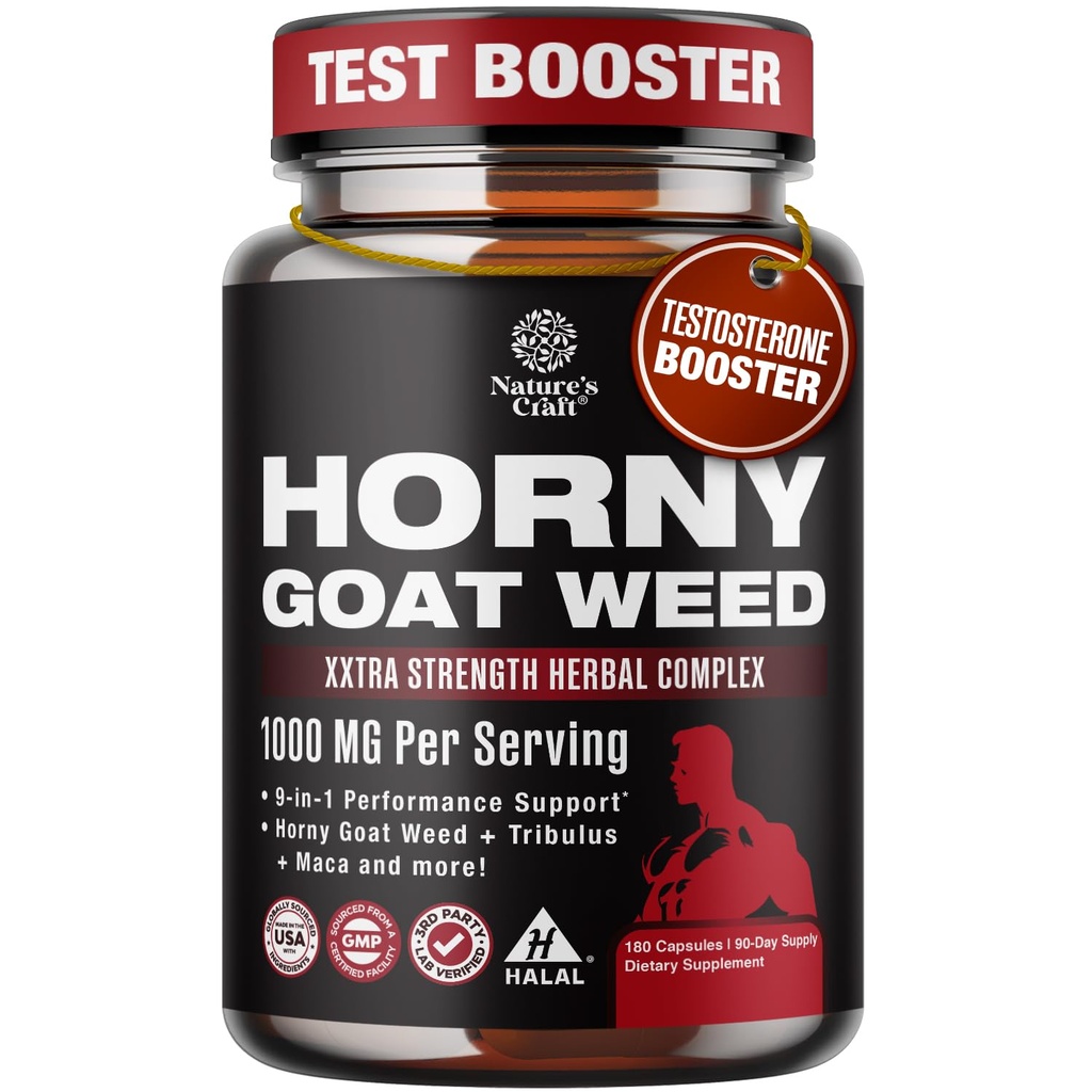 Horny Goat Weed for Men - Extra Strength Male Supplement with Black Maca Root, Tongkat Ali, Saw Palmetto & Panax Ginseng Extract for Stamina & Energy - 180 Κάψουλες