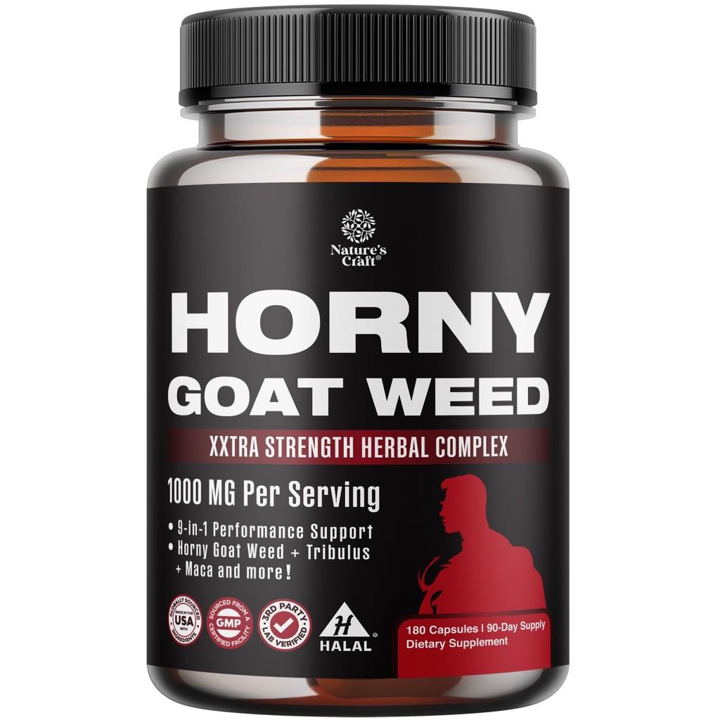 Horny Goat Weed for Men - Extra Strength Male Supplement with Black Maca Root, Tongkat Ali, Saw Palmetto & Panax Ginseng Extract for Stamina & Energy - 180 Count