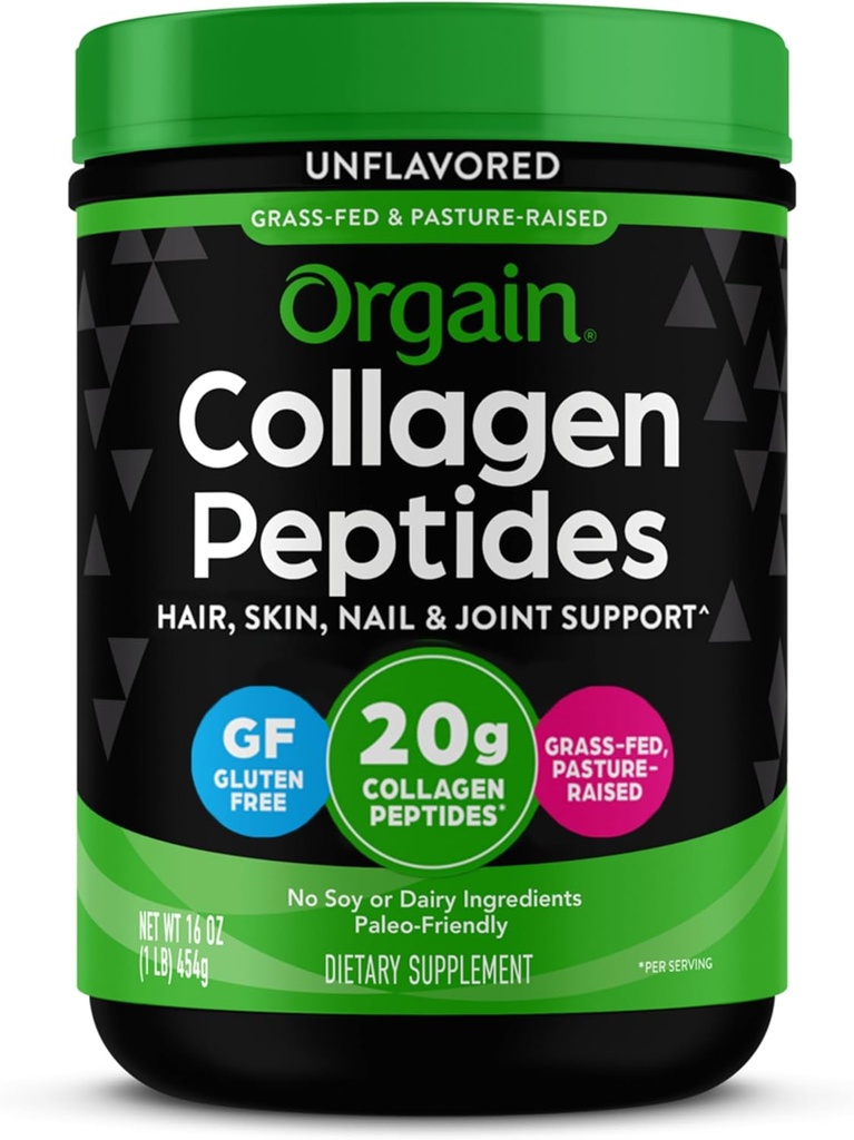 Orgain Hydrolyzed Collagen Peptides σκόνη για γυναίκες & άνδρες, 20g Grass Fed Collagen, Unflaved - μαλλιά, δέρμα, νύχια, & κοινό συμπλήρωμα υποστήριξης, Παλαιό & Κέτο, μη GMO, τύπου I και III, 1lb