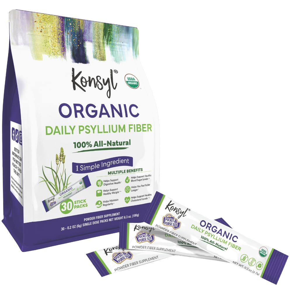 Konsyl Organic Daily Psyllium Fiber Stick Powder - On-The-Go Fiber Supplement - Εύχρηστη, Όλα-Φυσικές διαλυτές ίνες, Χωρίς γλουτένη & Χωρίς ζάχαρη, Vegan & Keto - 30 συσκευασίες