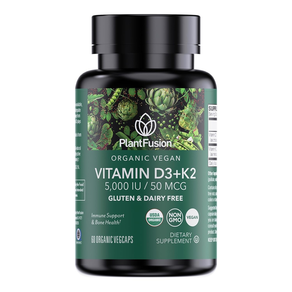 PlantFusion Organic Vegan Vitamin D3 + K2 5.000 IU, 50MCG – Βιταμίνη D που προέρχεται από το φυτό με βάση τη λειχήνα και τη βιταμίνη K2, για την ανοσοποίηση και την υγεία των οστών - 60 κάψουλες