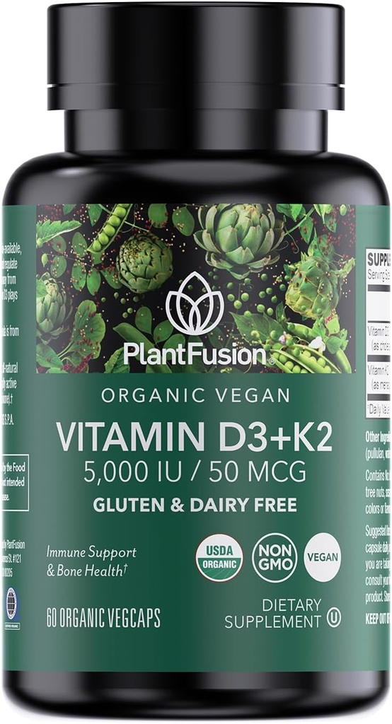 PlantFusion Organic Vegan Vitamin D3 + K2 5.000 IU, 50MCG – Βιταμίνη D που προέρχεται από το φυτό με βάση τη λειχήνα και τη βιταμίνη K2, για την ανοσοποίηση και την υγεία των οστών - 60 κάψουλες