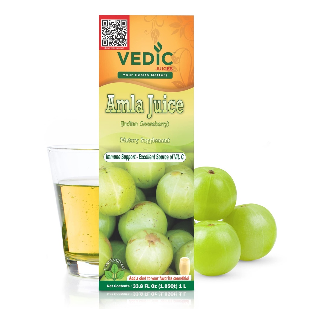 Vedic Juces Amla Juice, ινδικό συμπλήρωμα φραγκοστάφυλων με βιταμίνη C για την υγεία των ούρων, και την ανάπτυξη των μαλλιών, βότανα ποτό - 1 λίτρο