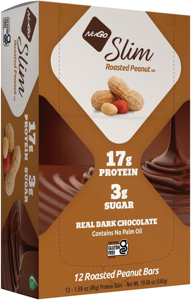 NuGo Slim Σκούρο σοκολάτα ψημένο φυστίκι, 16g πρωτεΐνη, 2g ζάχαρη, 7g ίνες, χαμηλή υδατάνθρακες, Κετό φιλικό, χωρίς γλουτένη, 12 μέτρα