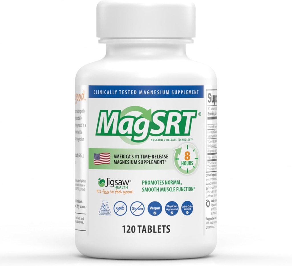 Jigsaw Health MagSRT | Magnesium Supplement with Vitamin B6, Folate & B12 | 120 Tablets | 30 Servings