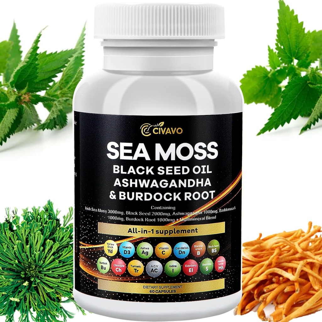 Sea Moss 3000mg Black Seed Oil 2000mg Ashwagandha 1000mg Bladderwrack 1000mg Turmeric 1000mg Burdock 1000mg Βιταμίνη C & D3 Elderberry Manuka Dandelion Yellow Dock Chlorophyl ACV