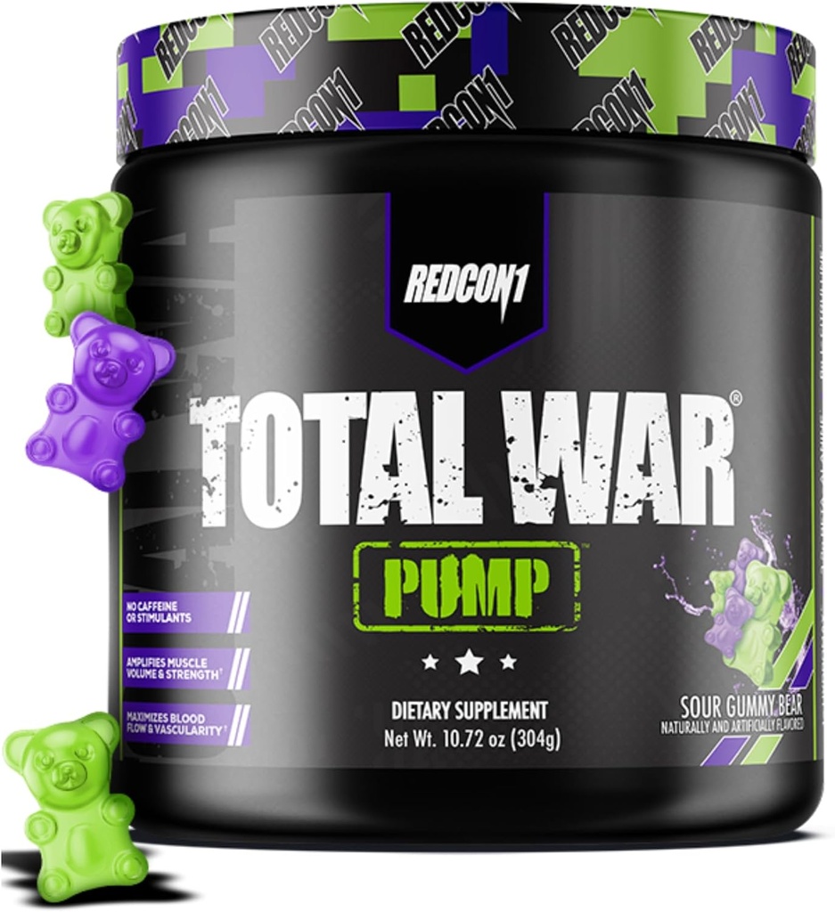 REDCON1 Non Stim & Caffeine Free Pre Workout Powder for Women & Men - Total War Pump - με L-Citrulline, Beta Alanine & More - προπόνηση σε οποιαδήποτε ώρα της ημέρας - Sour Gummy Bear (10,72 oz)