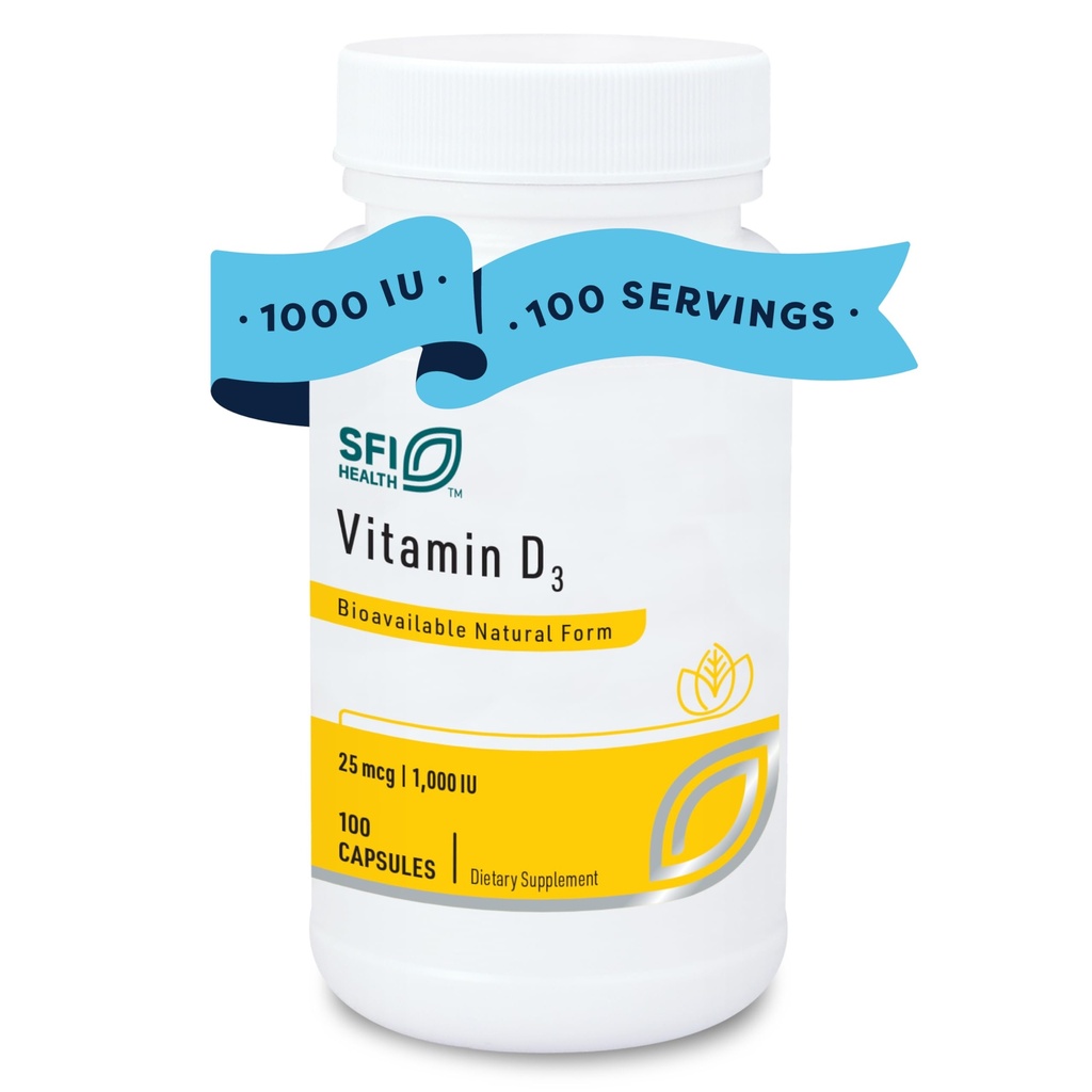 Klaire Labs SFI Health Vitamin D3 1000 IU - Υψηλή ισχύς 25 μικρογραμμάρια, Υποαλλεργική Οστική & Ανοσολογική Υποστήριξη (100 κάψουλες)