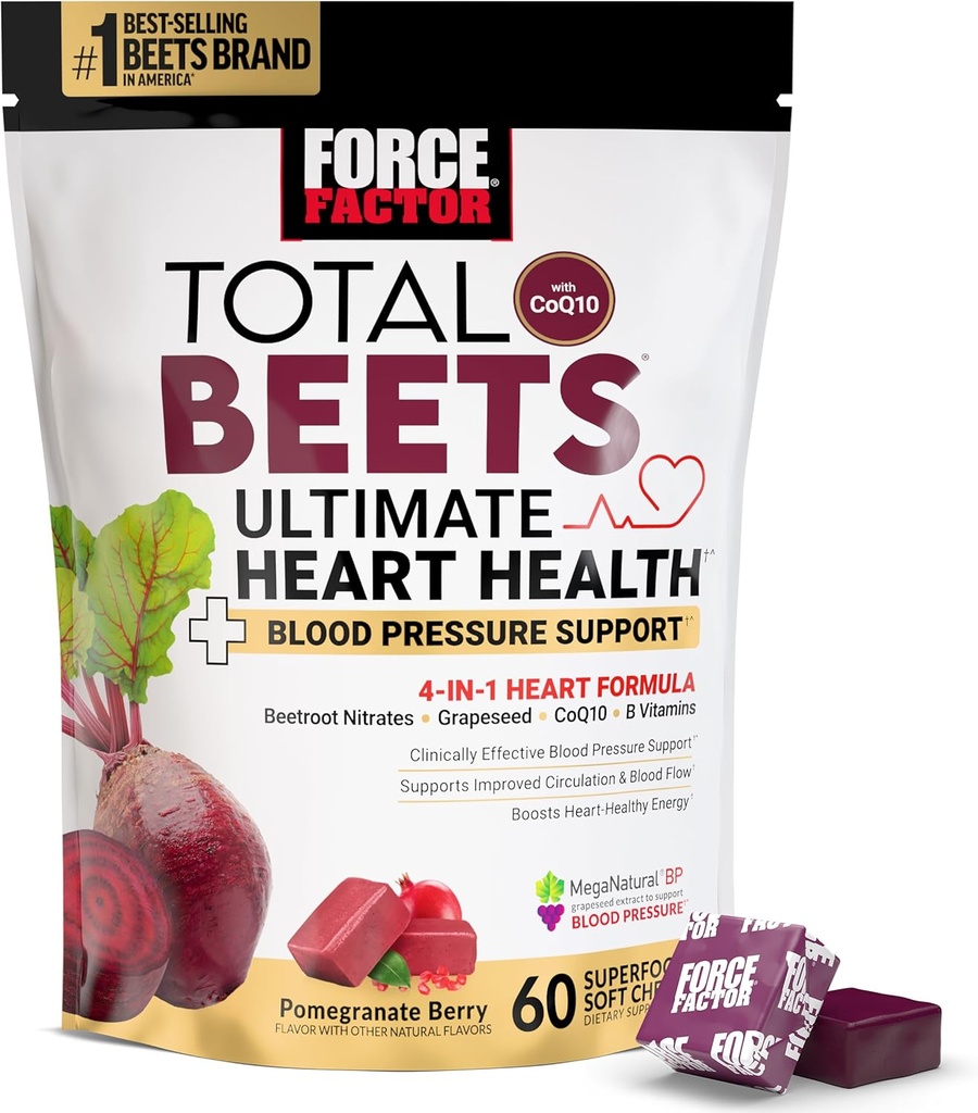 FORCE FACTOR Total Beets Ultimate Heart Health Chews for Blood Pressure Support, with Beetroot Powder, CoQ10, B Vitamins & Grapeseed Extract for Blood Flow & Energy, Ρόδι Berry, 60 Μαλακά μάσημα