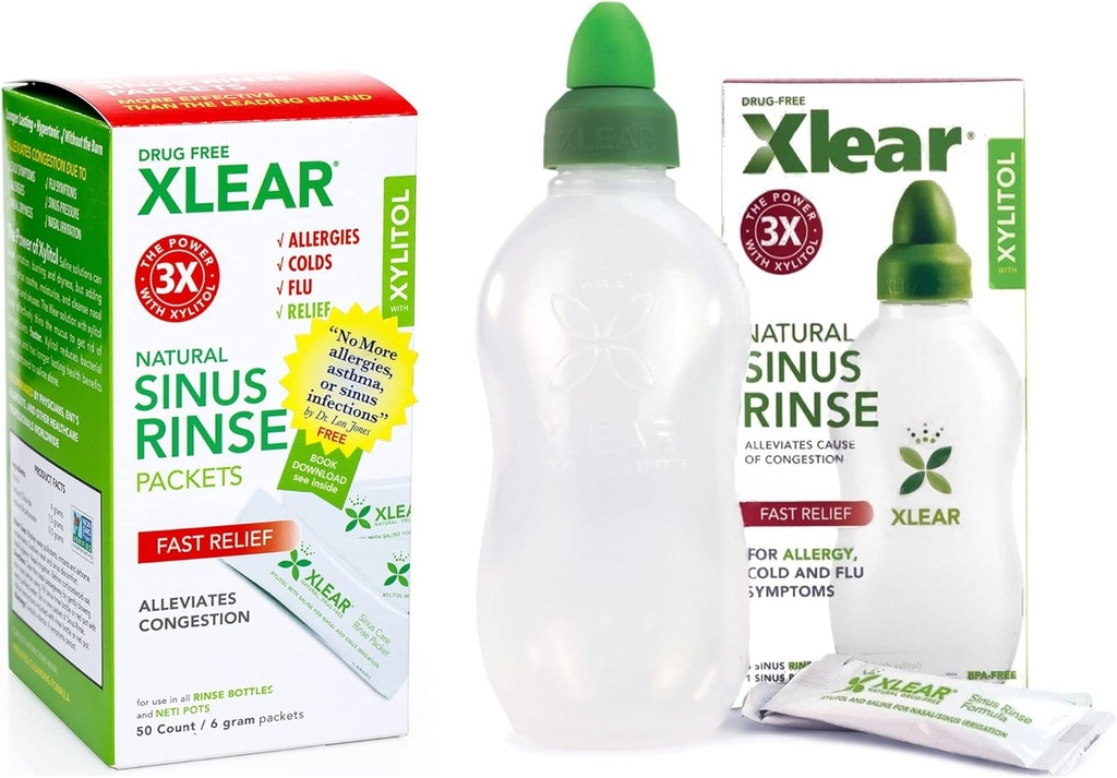 Xlear Natural Xylitol Sinus Rinus Rinse Refill, Neti Pot Saline Packets - Καθαριστικό μύτης για γρήγορη πίεση και ανακούφιση της συμφόρησης, λειτουργεί με τα περισσότερα συστήματα Nasνικής άρδευσης, 50 Count και 1 φιάλη ξεβγάλματος