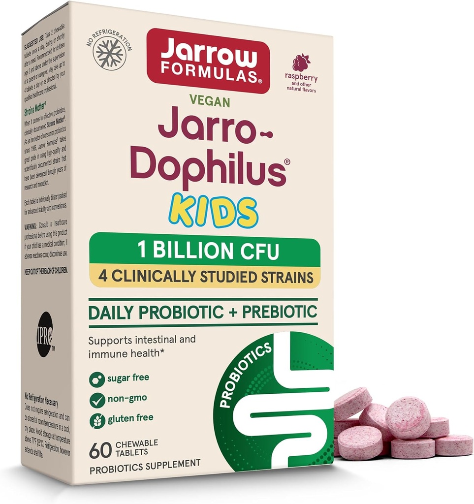 Jarrow Formulas® Jarro-Dophilus® Παιδικά Προβιοτικά και Πρεβιοτικά, 1 Δισεκατομμύριο CFU, Συμπλήρωμα για Εντερική και Ανοσολογική Υποστήριξη Υγείας, 60 Χωρίς ζάχαρη Βατόμουρο-Flavored Μασώμενα Δισκία, 30 ημέρες προσφοράς