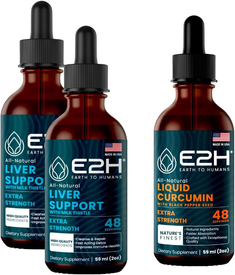 E2H: Συμπλήρωμα στήριξης ήπατος (2 πακέτο - 4 Fl Oz) και υγρή κουρκουμίνη (μονό μπουκάλι - 2 Fl Oz) 