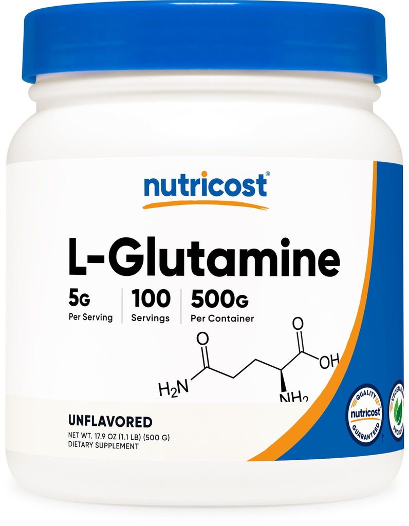 Nutricost L-Γλουταμίνη σε σκόνη (500 γραμμάρια) Άγευστα - Χωρίς γλουτένη & μη ΓΤΟ, 100 Σερβιέτες