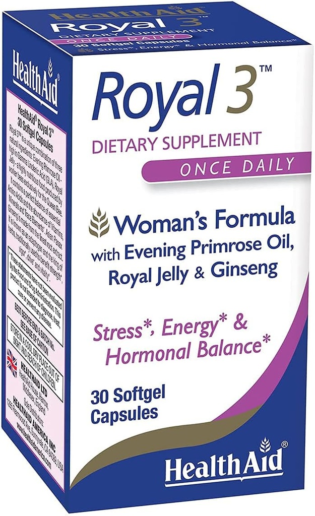 HealthAid Royal 3, με Βραδινό λάδι Primrose, βασιλικό πολτό, Ginseng, μία φορά την ημέρα, 30 κάψουλες