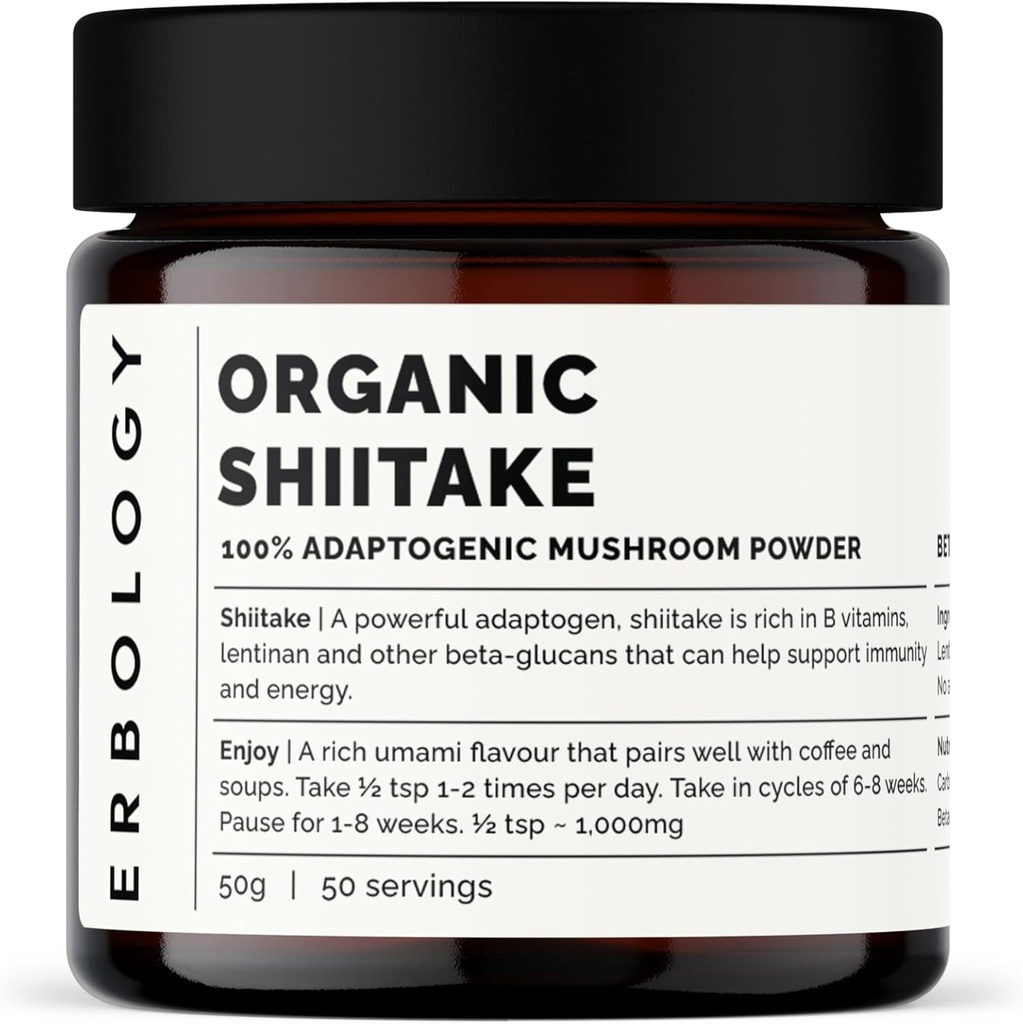 Erbology Organic Shiitake Mushroom Powder 50 Μερίδες - 11% Beta-glucans - Ανοσία και Ενέργεια - Lentinula edodes - Μικρή παρτίδα - Βιώσιμα αυξάνεται στην Ευρώπη - Vegan - Μη ΓΤΟ - Δεν προστίθενται πληρωτικά