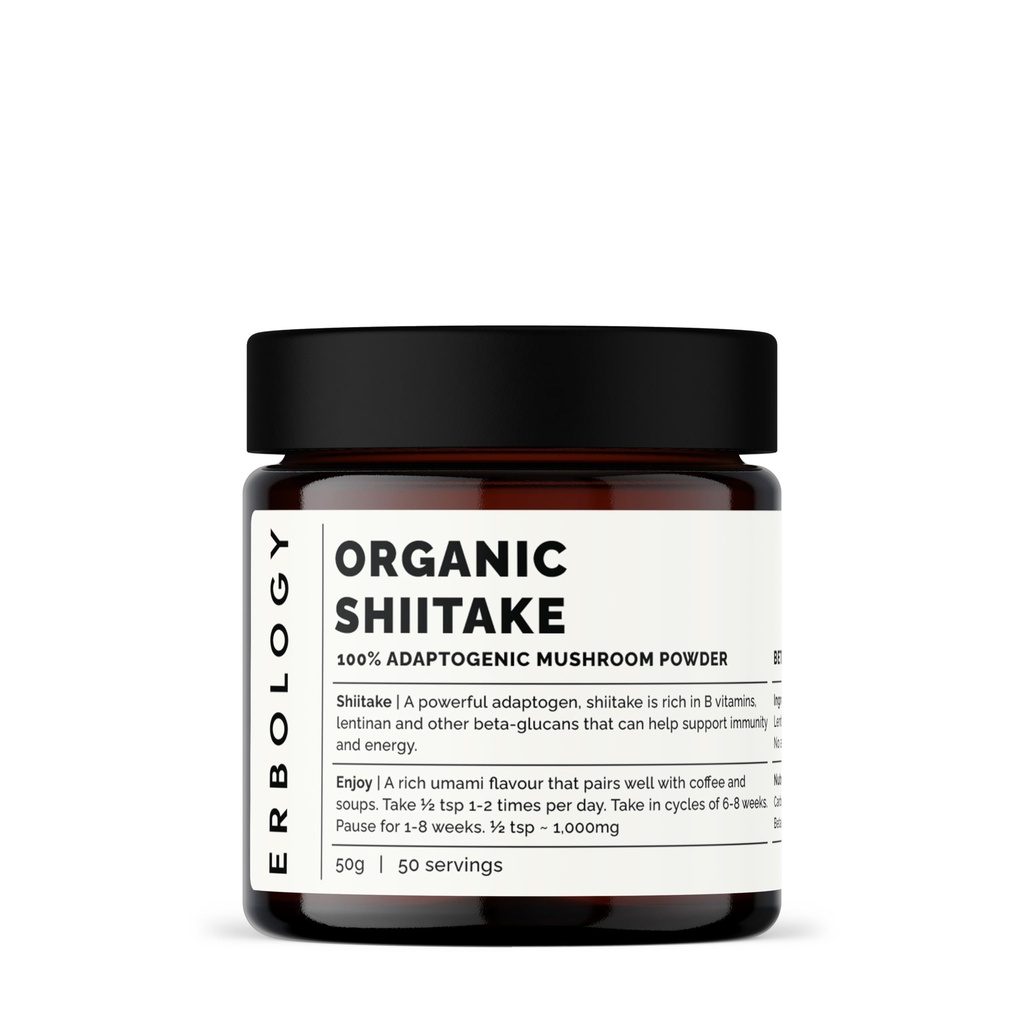 Erbology Organic Shiitake Mushroom Powder 50 Μερίδες - 11% Beta-glucans - Ανοσία και Ενέργεια - Lentinula edodes - Μικρή παρτίδα - Βιώσιμα αυξάνεται στην Ευρώπη - Vegan - Μη ΓΤΟ - Δεν προστίθενται πληρωτικά