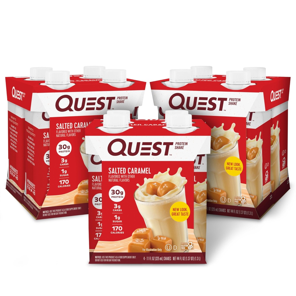 Quest Διατροφή έτοιμο να πιει αλατισμένη πρωτεΐνη Caramel Shake, 30g πρωτεΐνη, 3g καθαρό υδατάνθρακες, χωρίς γλουτένη, Keto φιλικό, 11 fl.oz 4 Count(πακέτο των 3)
