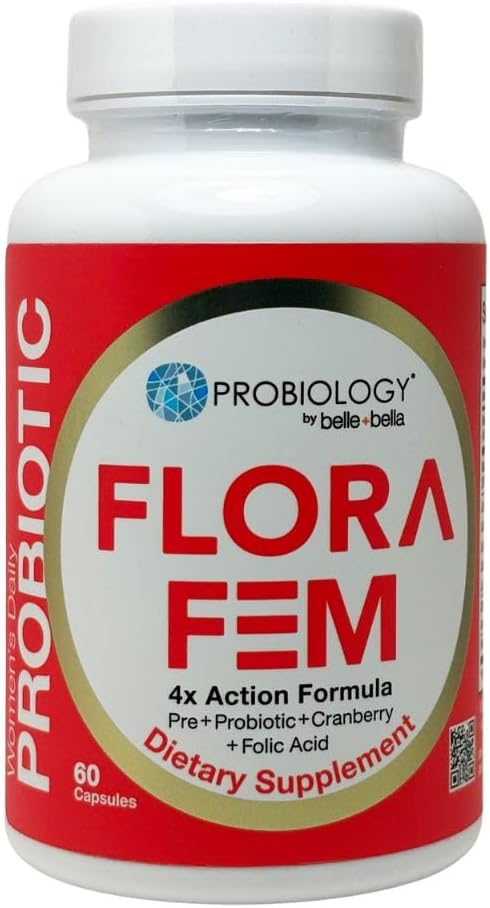Belle+Bella Probiology Flora Fem - Ημερήσια Προβιοτικά για γυναίκες - 4X Δράση Προβιοτικά + Προβιοτικά + Βατόμουρο + Φολικό Οξύ για Πεπτικό, Ουροφαγική, Αναπαραγωγική & Κολπική Υγεία - 60 Caps