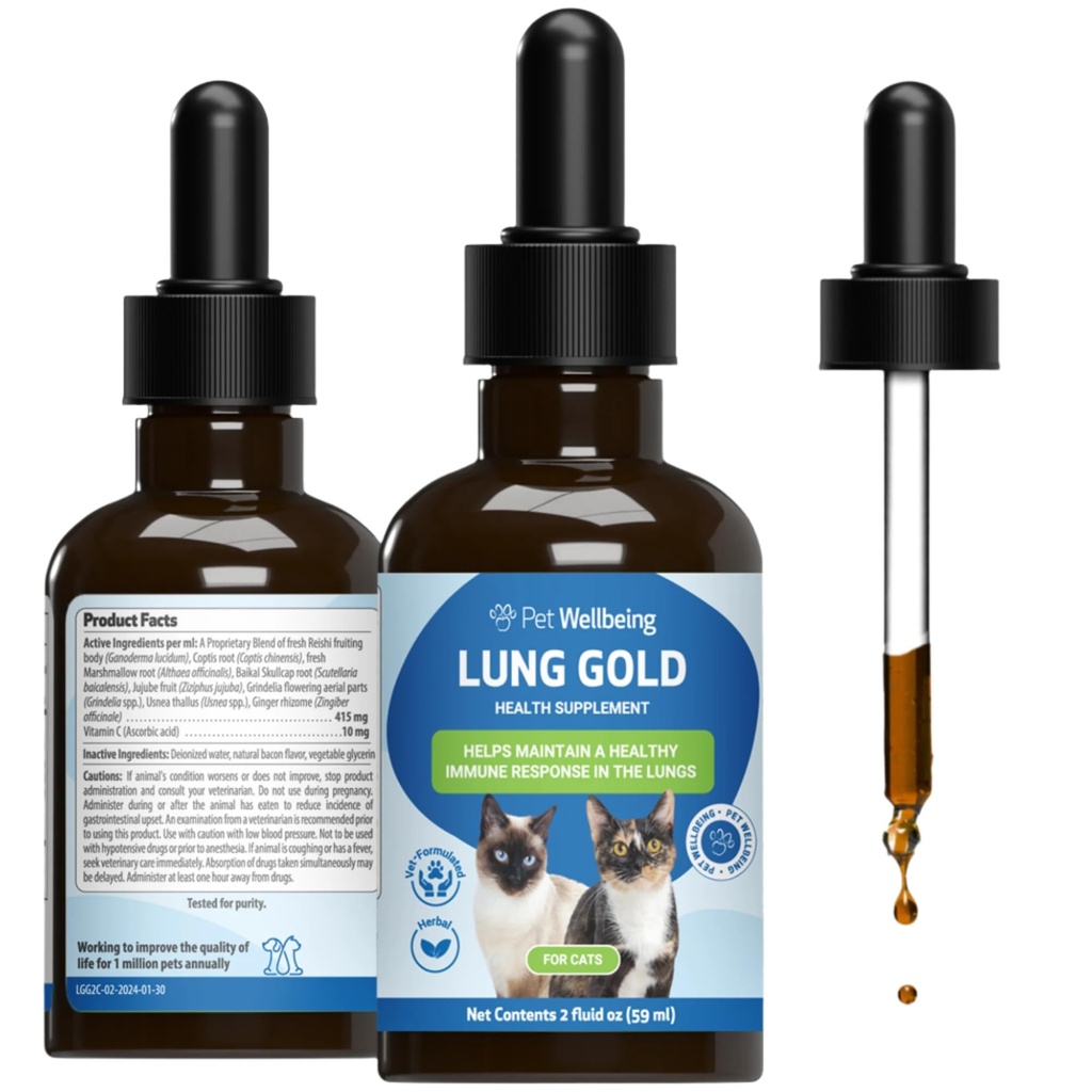 Pet Wellbeing Lung Gold for Cats - Υποστήριξη Ανοσοποιητικού Πνεύμονα, Χαμηλότερη αναπνευστική υγεία, Open Airways, Κανονική αναπνοή, Reishi, Coptis - Κτηνιατρικό-Σχηματισμένο συμπλήρωμα βοτάνων - 2 oz (59 ml)